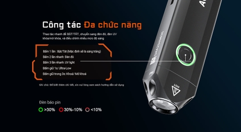 Đèn pin ACEBEAM UC20 sáng 1000 lumens chiếu xa 220m có đèn phụ đỏ và sáng UV