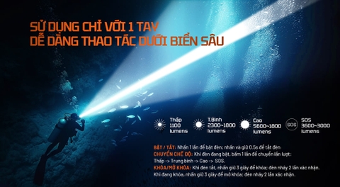 Đèn pin lặn ACEBEAM D30 – Sáng 5600 Lumens, chiếu xa 1454m, lặn sâu tối đa 100m