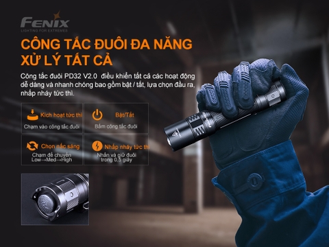 Đèn pin FENIX PD32 V2.0 độ sáng 1200 lumens chiếu xa 395m pin 18650