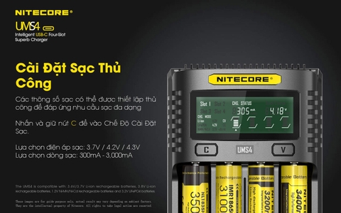 Sạc pin 4 slot thông minh NITECORE UMS4 đầu vào USB-C