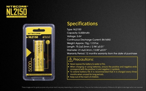Pin sạc NITECORE NL2150 Dung lượng 5000mAh dòng xả tối đa 8A