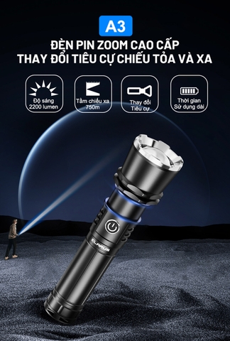 Đèn pin zoom KLARUS A3 sáng 2200 lumens chiếu xa 750m sạc USB-C pin 21700 - 4000mAh