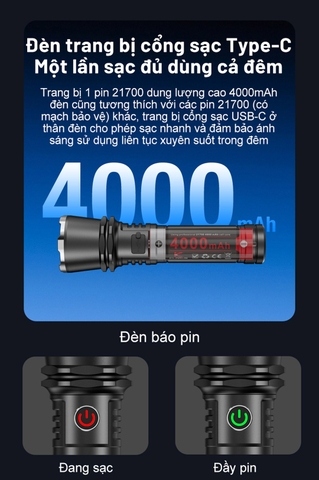 Đèn pin zoom KLARUS A3 sáng 2200 lumens chiếu xa 750m sạc USB-C pin 21700 - 4000mAh