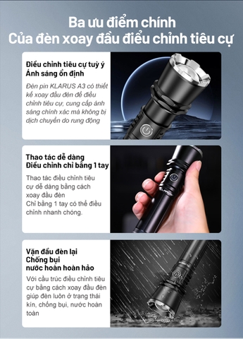 Đèn pin zoom KLARUS A3 sáng 2200 lumens chiếu xa 750m sạc USB-C pin 21700 - 4000mAh