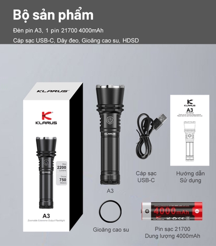 Đèn pin zoom KLARUS A3 sáng 2200 lumens chiếu xa 750m sạc USB-C pin 21700 - 4000mAh