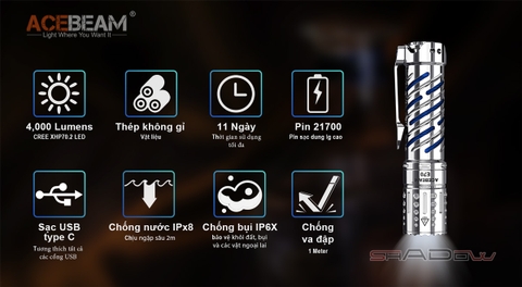 Đèn pin siêu sáng ACEBEAM E70 Stainless Steel Led XHP70.2 độ sáng 4000lumen, chiếu xa 220m, pin 21700