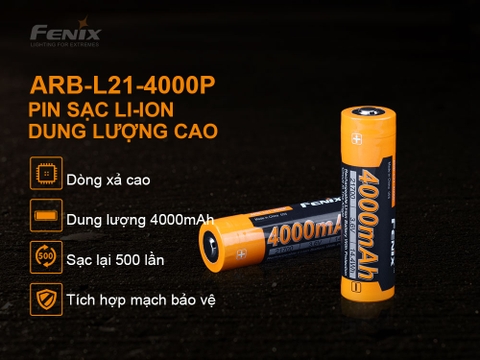 Pin sạc FENIX 21700 dung lượng 4000 mAh dòng xả cao 18A