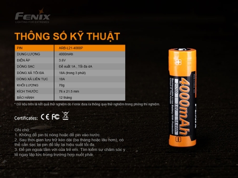 Pin sạc FENIX 21700 dung lượng 4000 mAh dòng xả cao 18A