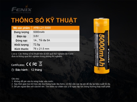 Pin sạc Fenix 21700 ARB-L21-5000 V2.0 dung lượng 5000 mAh