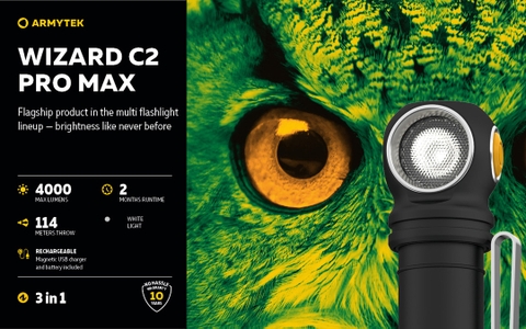 Đèn pin đội đầu ARMYTEK WIZARD C2 PRO MAX nhiệt màu 6500K sáng 4000 lumen chiếu xa 114m sạc nam châm đuôi pin 21700 5000mAh