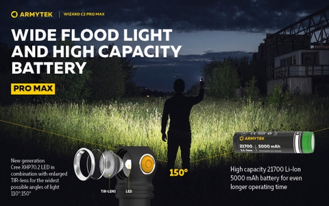 Đèn pin đội đầu ARMYTEK WIZARD C2 PRO MAX nhiệt màu 6500K sáng 4000 lumen chiếu xa 114m sạc nam châm đuôi pin 21700 5000mAh