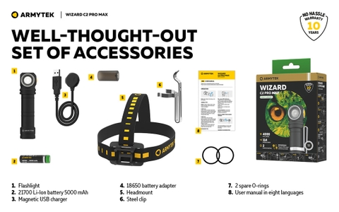 Đèn pin đội đầu ARMYTEK WIZARD C2 PRO MAX nhiệt màu 6500K sáng 4000 lumen chiếu xa 114m sạc nam châm đuôi pin 21700 5000mAh