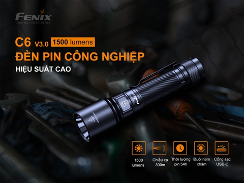 Đèn pin FENIX C6 V3 sáng 1500 lumen chiếu xa 300m sạc USB-C đuôi nam châm