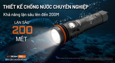 Đèn lặn ACEBEAM D20 2.0 sáng 2200lm xa 500m pin 21700 5000 mAh chịu ngập sâu 200m