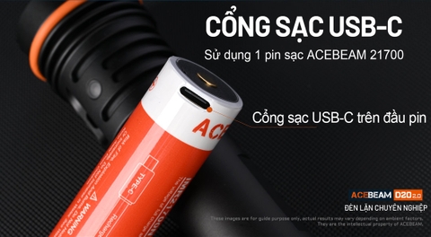 Đèn lặn ACEBEAM D20 2.0 sáng 2200lm xa 500m pin 21700 5000 mAh chịu ngập sâu 200m