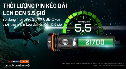 Đèn lặn ACEBEAM D20 2.0 sáng 2200lm xa 500m pin 21700 5000 mAh chịu ngập sâu 200m
