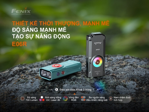 Đèn pin móc khóa FENIX E06R 700 lumen có tích hợp UV và laser đỏ, tích hợp led RGB đuôi nam châm