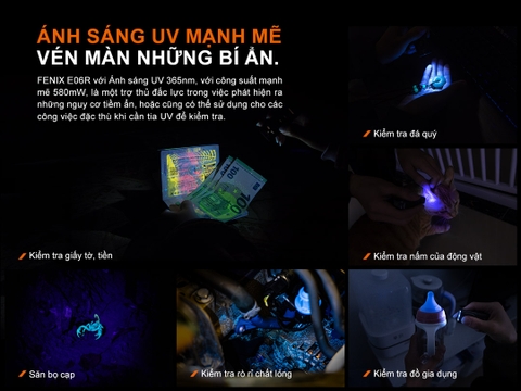 Đèn pin móc khóa FENIX E06R 700 lumen có tích hợp UV và laser đỏ, tích hợp led RGB đuôi nam châm