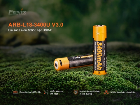 Pin sạc Li-ion 18650 Fenix ARB-L18-3400U V3.0 dung lượng 3400mAh, sạc USB-C