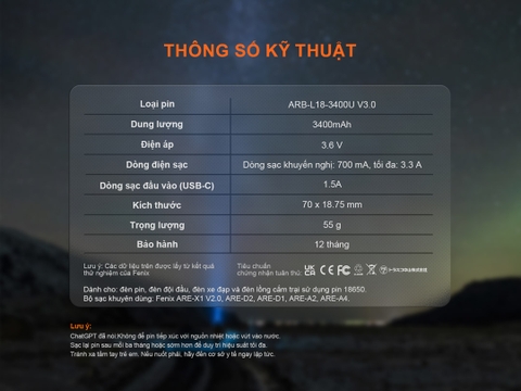 Pin sạc Li-ion 18650 Fenix ARB-L18-3400U V3.0 dung lượng 3400mAh, sạc USB-C