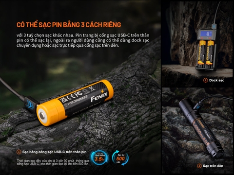 Pin sạc FENIX 18650 dung lượng 4000mAh cổng sạc USB-C tích hợp
