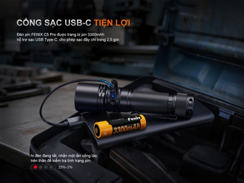 Đèn pin Fenix C5 PRO  – Độ sáng 2000 lumen, chiếu xa 480m, sạc USB-C đuôi nam châm