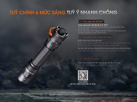 Đèn pin chiến thuật Fenix PD45R ACE sáng 3200 lm xa 410m công tắc xoay chọn chế độ