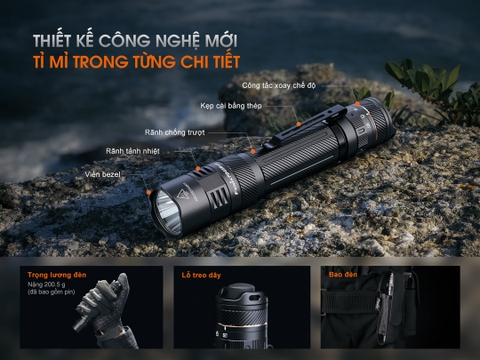 Đèn pin chiến thuật Fenix PD45R ACE sáng 3200 lm xa 410m công tắc xoay chọn chế độ