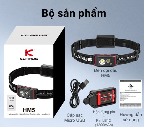 Đèn đội đầu KLARUS HM5 sáng 800 lumens chiếu xa 103m siêu nhẹ 90g pin 1900mAH