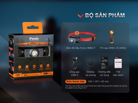 Đèn đội đầu FENIX HM62-T sáng 1200 lumen chiếu xa 150m pin 18650 USB-C  3400mAh