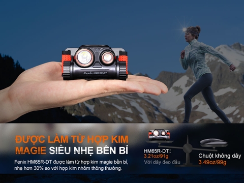 Đèn pin đội đầu FENIX HM65R-DT độ sáng 1500 lumens chiếu xa 170m hợp kim magie siêu nhẹ pin 18650 3400mAH sạc USB-C