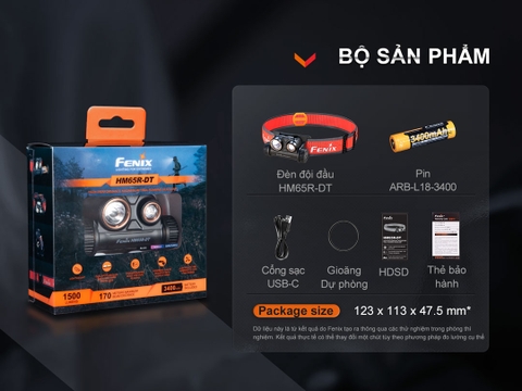 Đèn pin đội đầu FENIX HM65R-DT độ sáng 1500 lumens chiếu xa 170m hợp kim magie siêu nhẹ pin 18650 3400mAH sạc USB-C