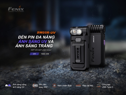 Đèn mini FENIX SW05R sáng 150 lumen chiếu xa 39m tích hợp UV, ánh sáng đỏ nam châm đuôi