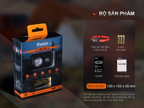 Đèn pin đội đầu Fenix HL16 độ sáng 450 lumen tầm chiếu xa 104m sử dụng 3 pin AAA