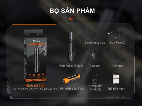 Đèn pin FENIX PD32R sáng 1400lm chiếu xa 344m sạc USB-C pin 18650 3400mAh