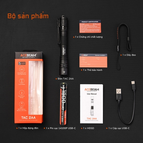Đèn pin ACEBEAM TAC 2AA 1600 lumen chiếu xa 181m pin 14100