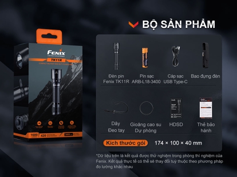 Đèn pin FENIX TK11R sáng 1600 lumen chiếu xa 420m pin sạc 18650 USB-C công tắc đuôi kép phản ứng nhanh