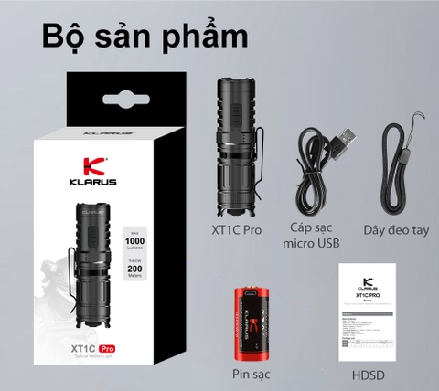 Đèn pin mini KLARUS XT1C Pro sáng 1000 lm chiếu xa 200m pin 16340 chuyên cài mũ bảo hiểm