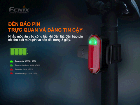 Đèn hậu xe đạp Fenix BC05R V2.0 dùng pin liền thân Li-polymer 400mAh độ sáng 15 lumen 5 LED ánh sáng đỏ