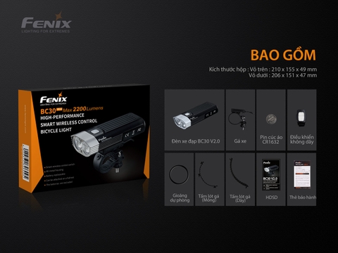 Đèn xe đạp FENIX BC30 V2.0 sáng 2200lm chiếu xa 187m công tắc remote kèm pin sạc