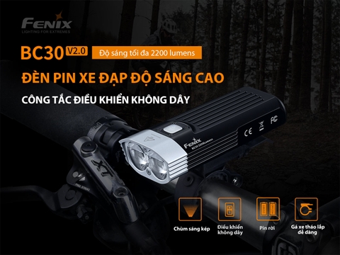 Đèn xe đạp FENIX BC30 V2.0 sáng 2200lm chiếu xa 187m công tắc remote kèm pin sạc