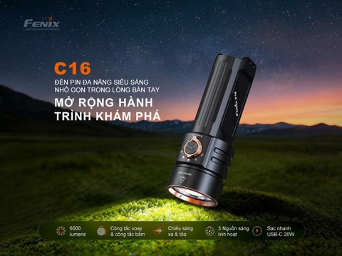 Đèn pin tìm kiếm Fenix C16 – Sáng 6000 lumen chiếu xa 424m, tích hợp UV và đèn đỏ, sạc nhanh USB-C 20W