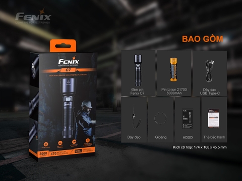 Đèn pin FENIX C7 độ sáng 3000 lumen chiếu xa 470m LED sạc USB-C pin sạc 21700 kèm theo