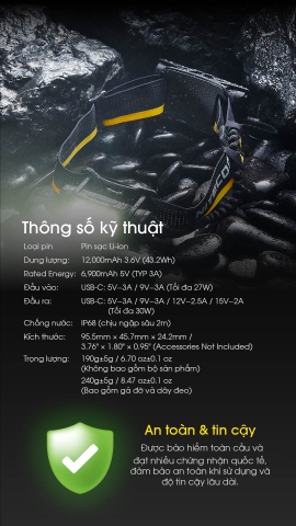 Pin sạc mở rộng NITECORE Carbon 12K 12000mAH dành cho đèn đeo đầu NITECORE