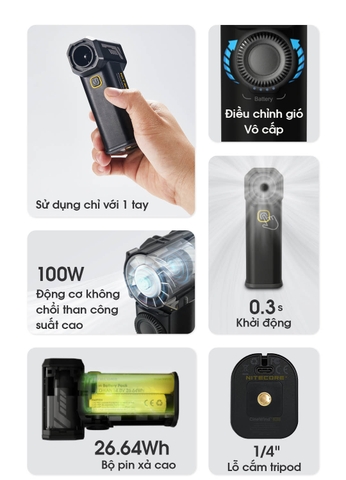 Quạt Nhiếp Ảnh NITECORE CW20 100W – Tốc Độ Gió 150 km/h