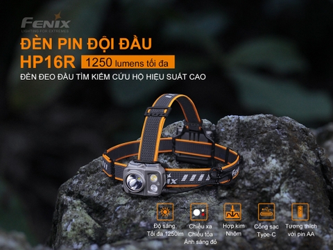 Đèn pin đội đầu FENIX HP16R sáng 1250 lumens chiếu xa 255m pack pin rời sạc USB-C
