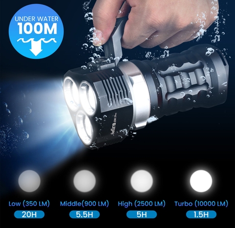 Đèn lặn SOFIRN SD01 Pro sáng 10.000 lumen chiếu xa 377m 3 LED Cree XHP50.2 chịu sâu 100 mét 4 pin 18650