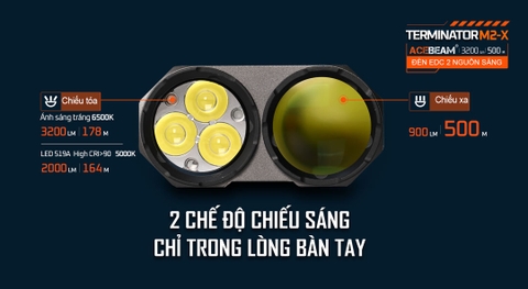 Đèn pin cao cấp ACEBEAM M2-X TERMINATOR 3200 lumen chiếu xa 500m pin 18650 3100mAh