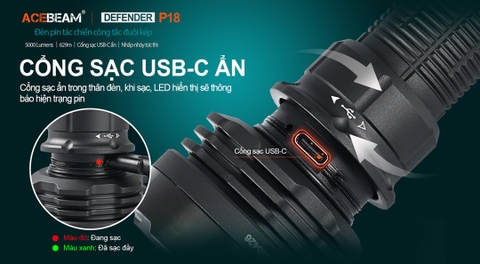 Đèn pin ACEBEAM P18 Defender sáng 5000lumen chiếu xa 629m pin 21700 sạc USB C công tắc kép phản ứng nhanh