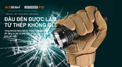 Đèn pin ACEBEAM P18 Defender sáng 5000lumen chiếu xa 629m pin 21700 sạc USB C công tắc kép phản ứng nhanh